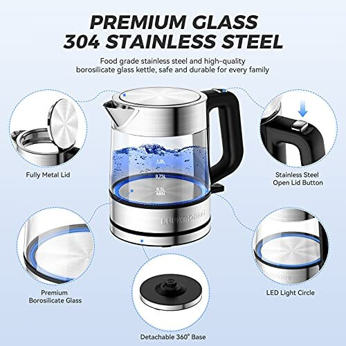 LUUKMONDE 2400W Electric Kettle, 1 L Glass Electric Tea Kettle Light