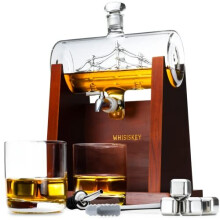 Whisiskey Whiskey Decanter Sailing Ship - 1000 ml Whiskey Carafe Set - Gifts for Men Inc. 2 Whiskey Glasses 4 Whiskey Stones Draught