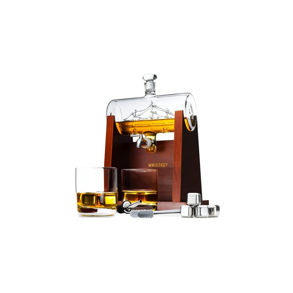 Whisiskey  Whiskey Decanter  Sailing Ship - 1000 ml  Whiskey Carafe Set - Gifts for Men  Inc. 2 Whiskey Glasses  4 Whiskey Stones  Draught