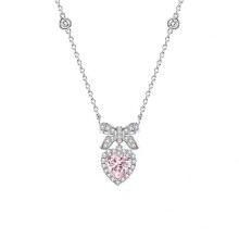 (Pink) Zircon Heart Necklace Bow Knot Pendant Sterling Silver Charm Necklace Jewelry