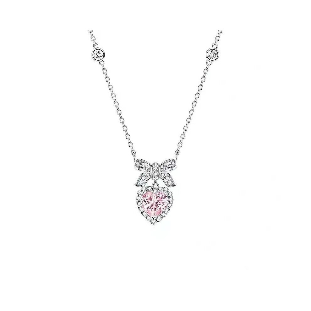 (Pink) Zircon Heart Necklace Bow Knot Pendant Sterling Silver Charm Necklace Jewelry