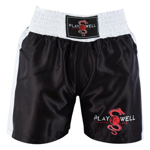 (Medium) PLAYWELL CHILDRENS COMPETITION BOXING SHORTS - BLACK/WHITE