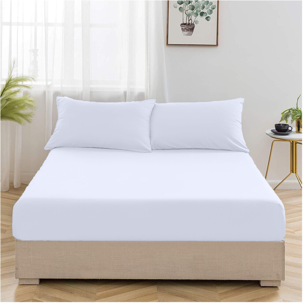 (White, Single) Thermal Flannelette Soft Brushed 100% Cotton Fitted Sheet 32cm Extra Deep