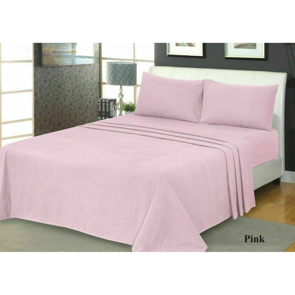 (Pink, King) Thermal Flannelette Soft Brushed 100% Cotton Fitted Sheet 32cm Extra Deep