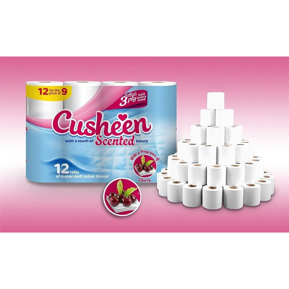 Cusheen Cherry Scented 3-Ply Toilet Roll 12 Rolls Pack of 4