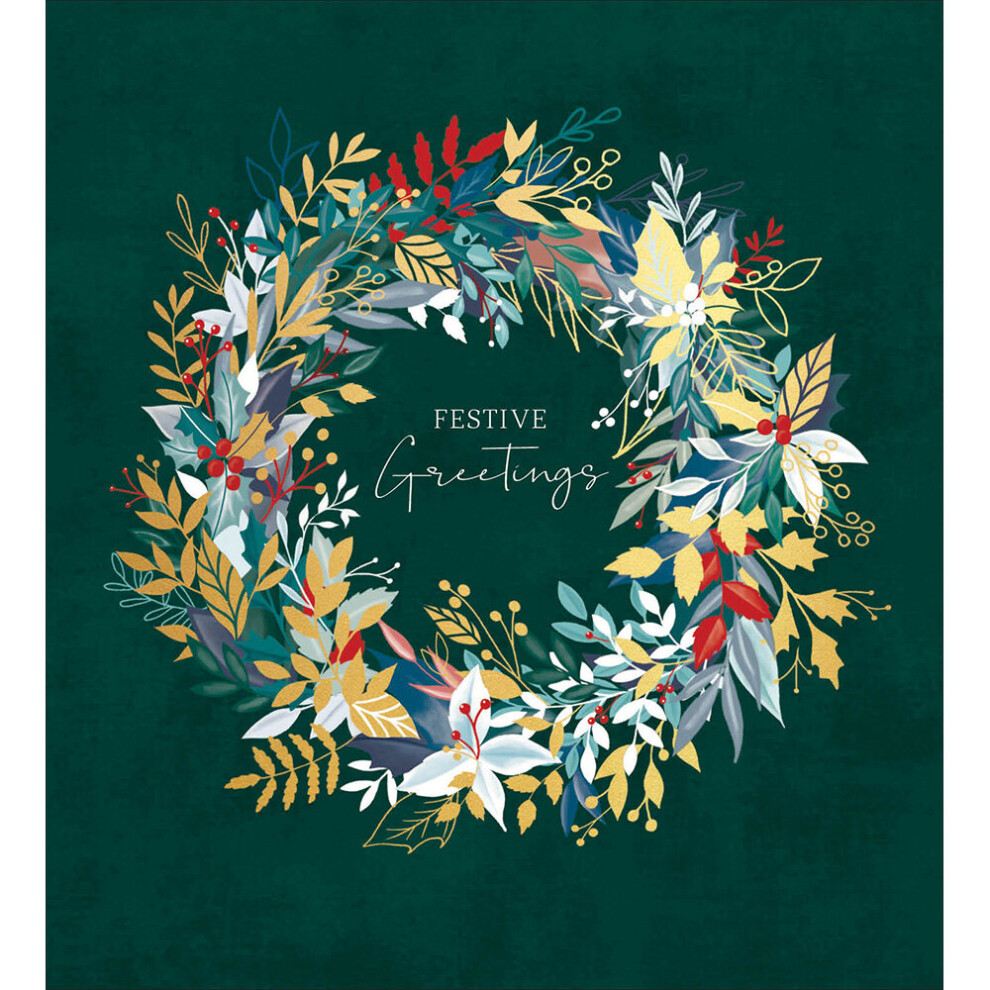 Festive Blooms by Dave de Cruz - Gold Foiled Wreath - Contemporary Art Christmas Charity Pack of 5 Cards by Woodmansterne