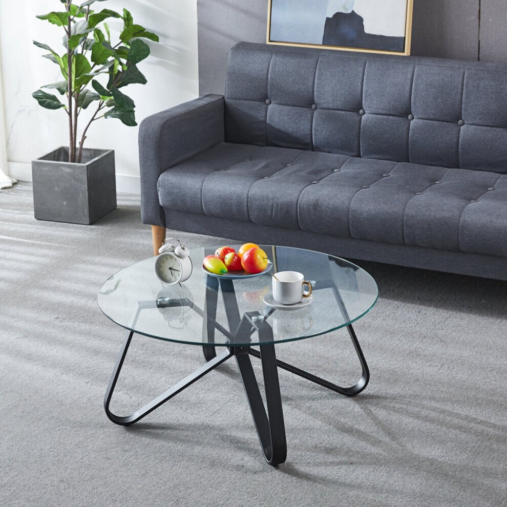 (Black) Round Coffee Table Modern Sofa Side Table with Glass Top