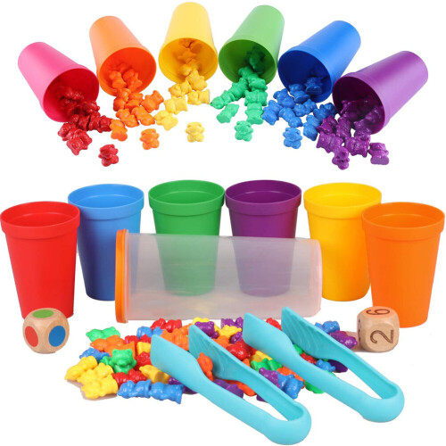 Rainbow Counting Bears,71Pcs Sorting Toys with Cups Dices and Tweezers