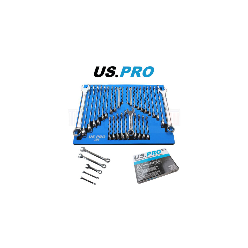 Us Pro Tools 32Pc Combination Spanners Set Metric & Sae Imperial In A Foam Tray 2275