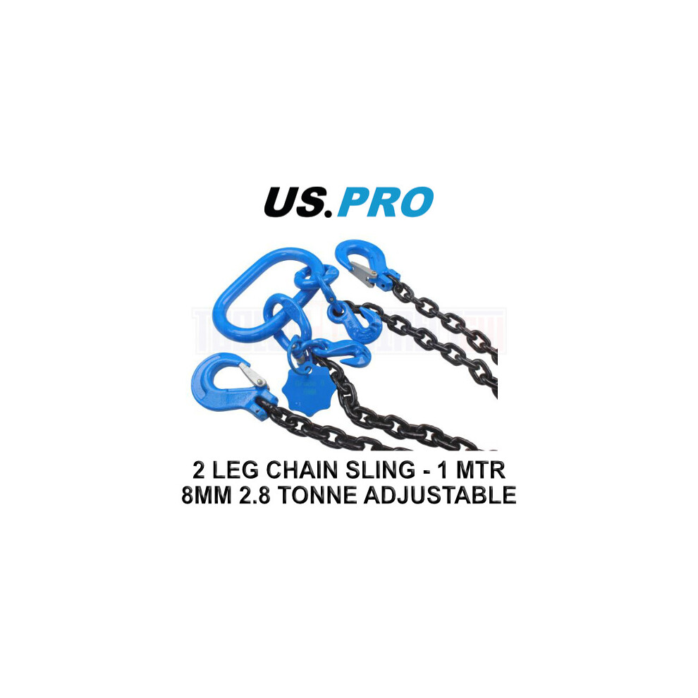 US PRO Tools 2 Leg Chain Sling - 1 Meter 8MM G80 2.8 Tonne - Adjustable 9109