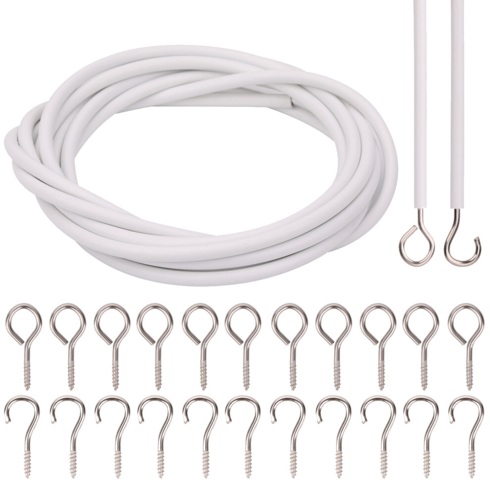 (4 Metres) Net Curtain Wire and Hooks Set, White Hanging Cord Kit with Screw in Hooks & Eyes, Multipurpose Use for Kitchen Window  Gazebo & Blinds
