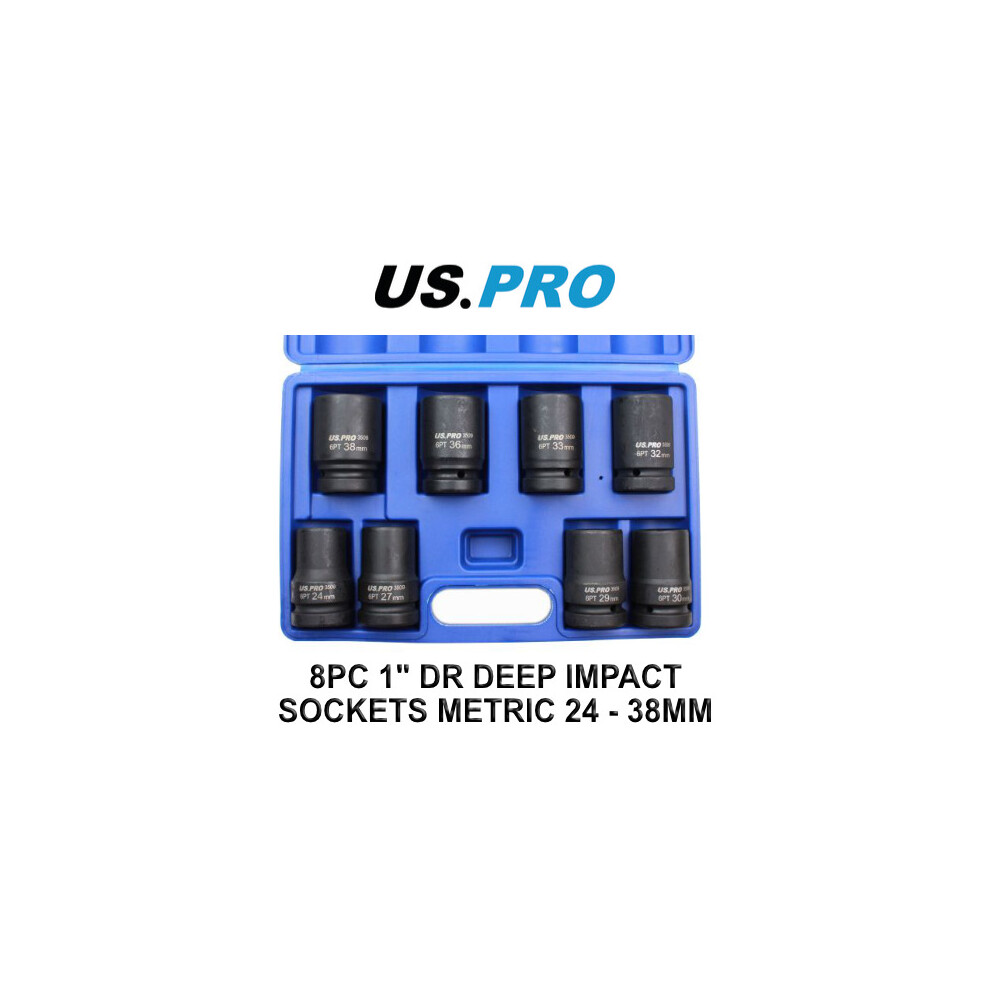 US PRO Tools 8pc 1" drive 6pt Deep Impact Sockets Metric 24 - 38mm 3509