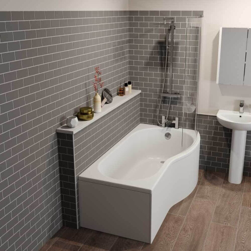 Bathroom P Shaped Shower Bath 1700mm RH Mixer Shower Screen Side End Panel White 1