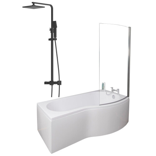 Bathroom P Shaped Shower Bath 1700mm RH Mixer Shower Screen Side Panel White