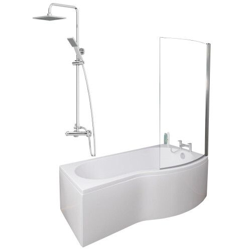 Bathroom P Shaped Shower Bath 1700mm RH Mixer Shower Screen Side End Panel White