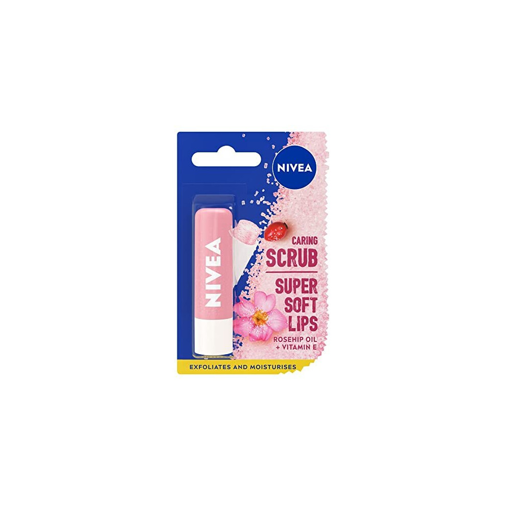 NIVEA 2 in 1 Caring Lip Scrub with Rosehip Oil (5.5ml), Lip Scrub + Vitamin E, Lip Scrub Exfoliator Stick, Lip Balm Scrub + Natural Peeling Particles,