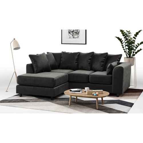 (Black, Left Hand Facing) Brooklyn Plush Velvet Foam Corner Sofa