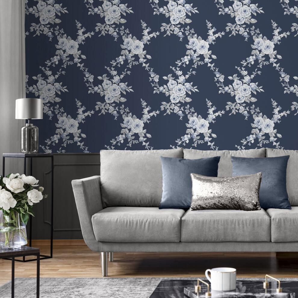 Catherine Lansfield (Navy) Home Canterbury Floral Wallpaper