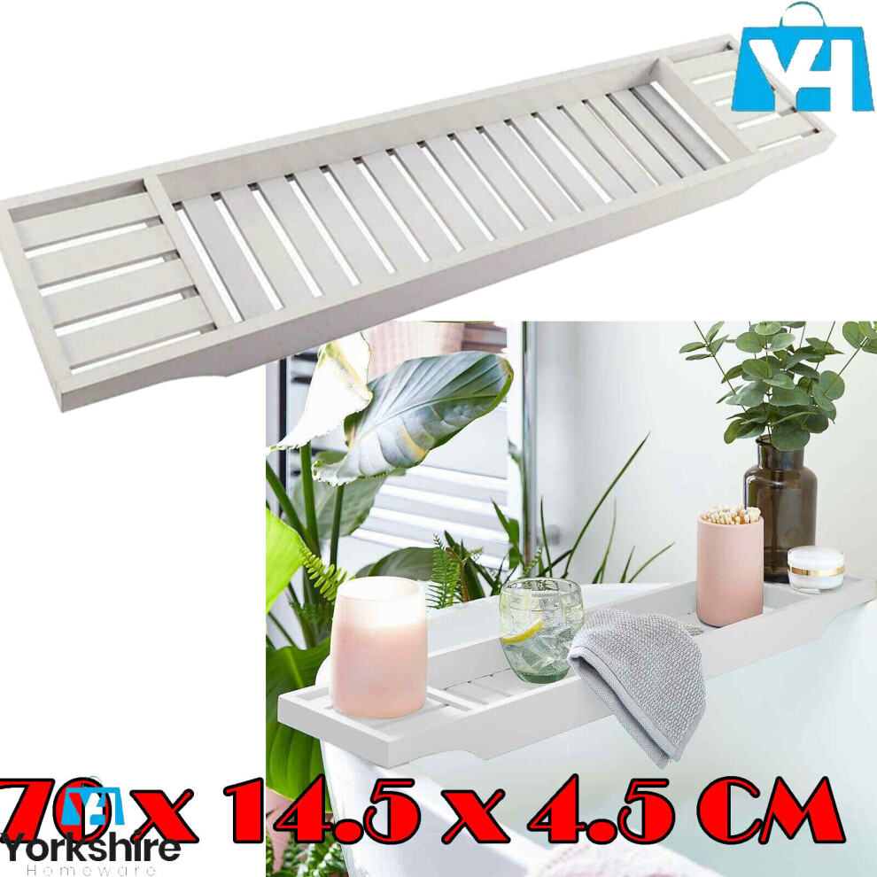 (White) Wooden Bath Caddy Over Tub Rack Bathroom Tidy Tray Storage Caddy Shelf Organizer