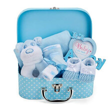 Newborn Baby Boy Gift Set - Hand Packed into Small Blue Hamper Keepsake Box Styled as a Case Includes Soft Toy Rattle, Photo Frame, Muslin Cloth, Bib,
