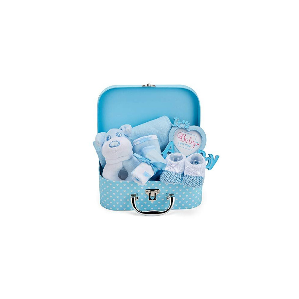Newborn Baby Boy Gift Set - Hand Packed Into Small Hamper Keepsake Box Styled As A Case Includes Soft Toy Rattle, Photo Frame, Muslin Cloth, Bib, Blue Baby Box Shop