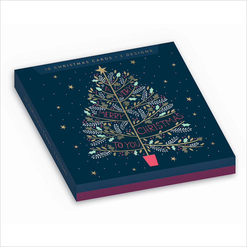 Woodmansterne Box Of 10 Christmas Cards In Xmas Tree & Leaf Designs Assorted Xmas Card Boxes