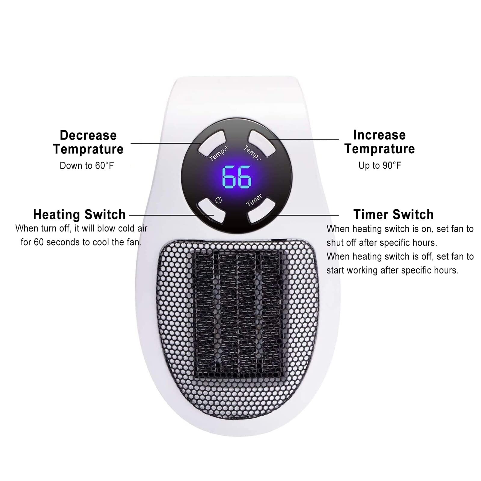 (2PCS with Remote Control) Portable Plug In Electric Heater Timer LED