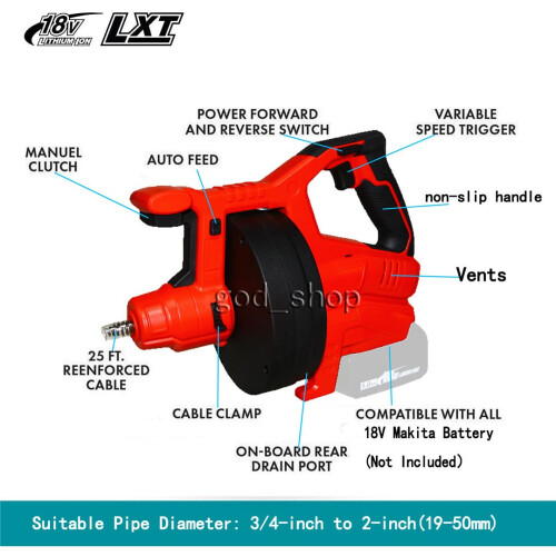 Drain Auger Cordless Plumbing Sink Clog Pipe CleanerMakita Compatible