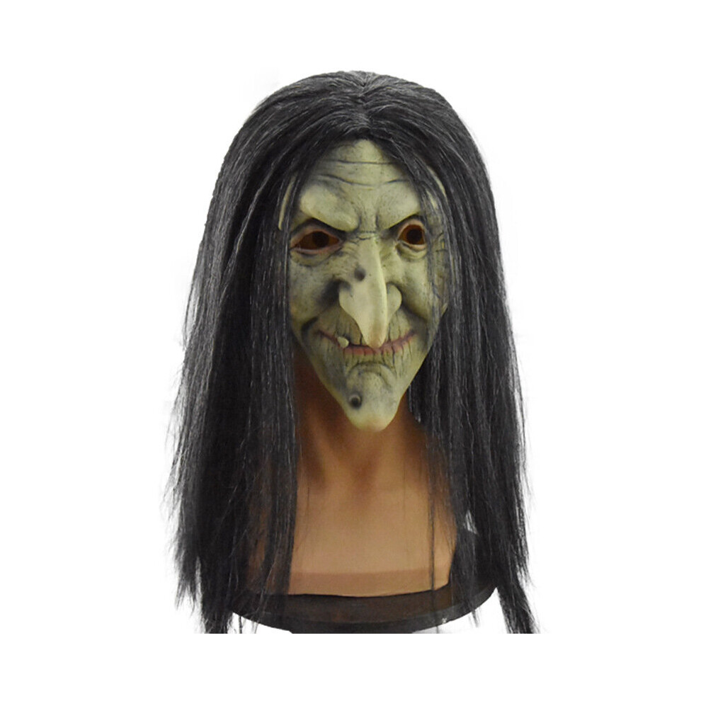 (Witch-A) Halloween Evil Witch Mask Scary Horror Cosplay Costume Latex Wizard Mask Wig Hair Halloween Carnival Haunted House Parties Supply