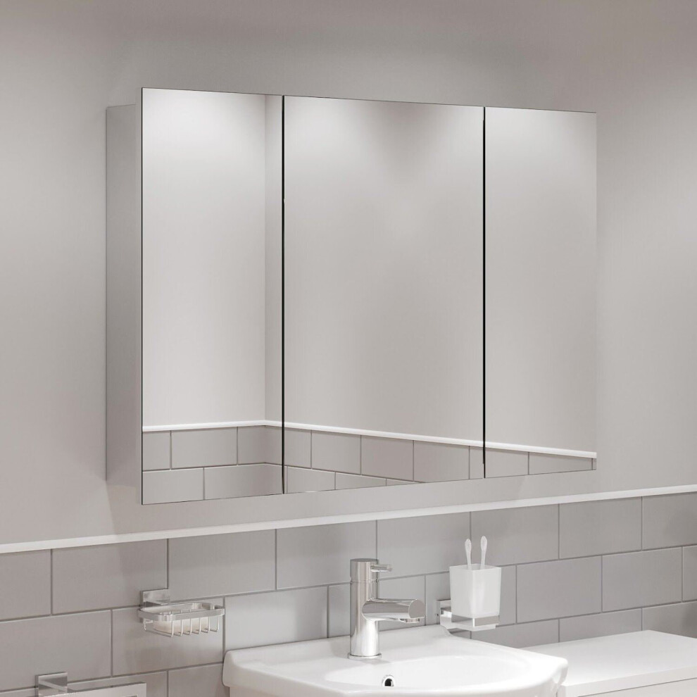 Triple Door Bathroom Mirror Cabinet Cupboard Stainless Steel Wall Mounted 900mm