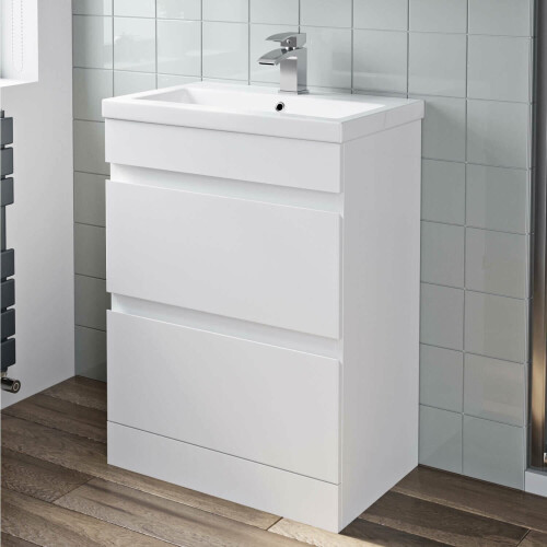 600mm Bathroom Vanity Unit Basin Storage 2 Drawer Cabinet Furniture White Gloss