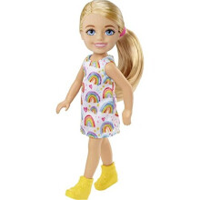 Poup   e Barbie Chelsea (blonde) portant une robe     imprim    arc-en-ciel et des chaussures jaunes, jouet pour enfants     partir de 3 ans