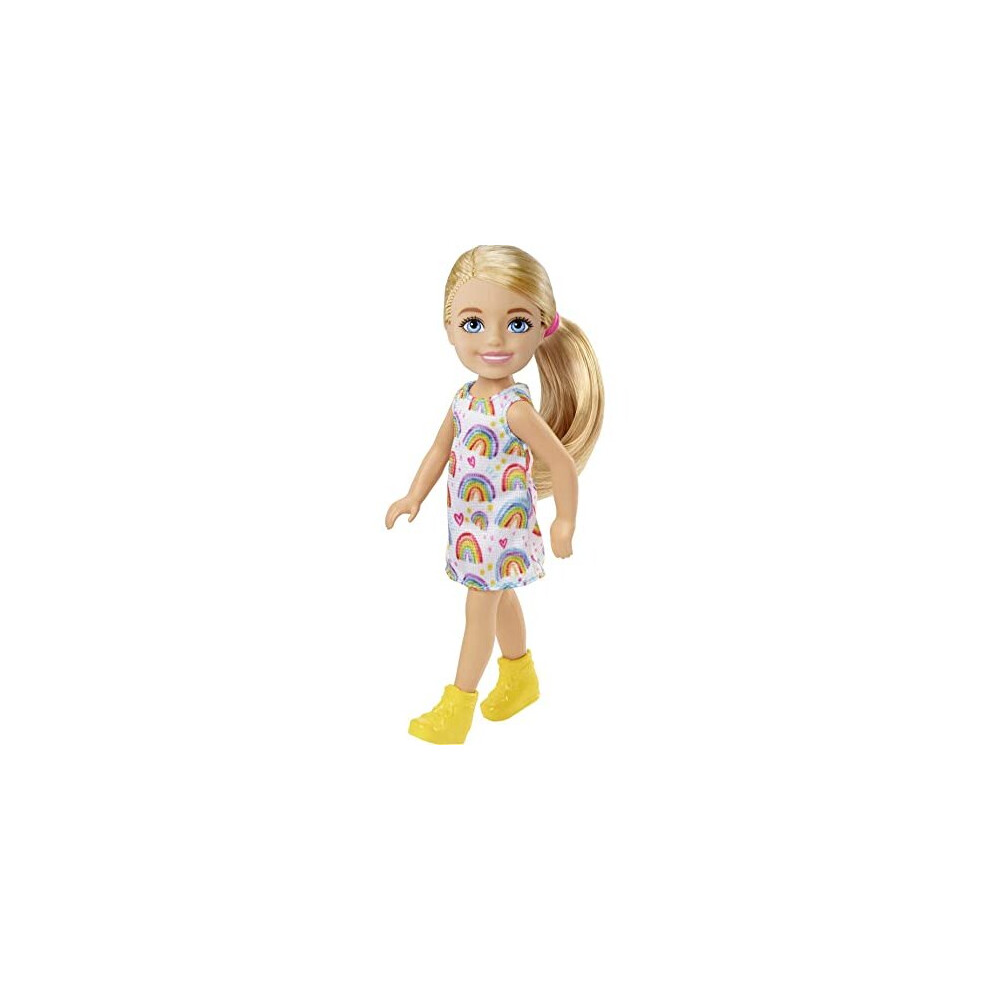 Barbie Chelsea Doll (Blonde) Wearing Rainbow-Print Dress and Yellow Shoes, Toy for Kids Ages 3 Years Old & Up