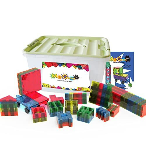 Mag-Genius Award Winning building Tiles Clear Colors 3D Brain Building Blocks Set of 182 + Piece Includes 2 Cars And Free Storage Bin