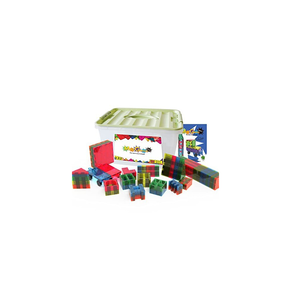 Mag-Genius Award Winning building Tiles Clear Colors 3D Brain Building Blocks Set of 182 + Piece Includes 2 Cars And Free Storage Bin