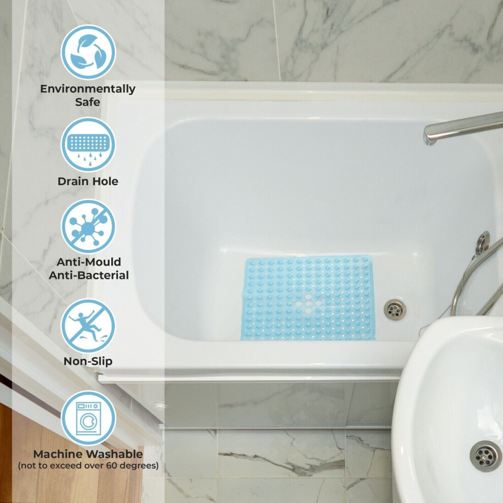 (Blue) Bath Shower Mat Anti Slip Non slip Washable Drain Holes Suction Cups 53x53cm Squ