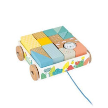 Janod Pure Pull-Along 16 PC Cherry Wood Pastel Block Set in Matching Cart for Sorting & Motor Skills Ages 18+ Months one Color J05152