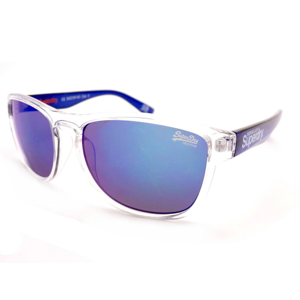 SUPERDRY Sunglasses ROCKSTAR Crystal Clear with Blue Mirror Lenses 175