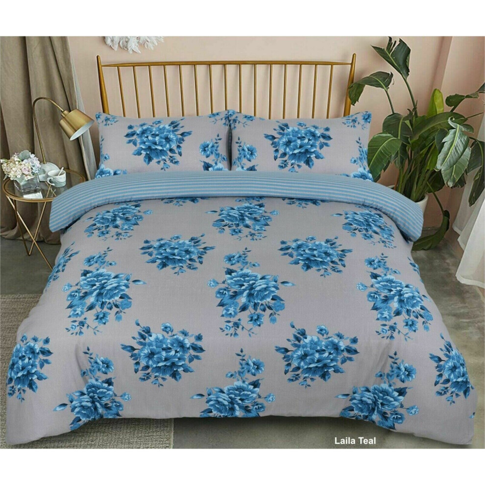 (Double, LAILA TEAL) Thermal Flannelette 100% Brushed Cotton Duvet Quilt Bedding Set Warm Cosy for Winter