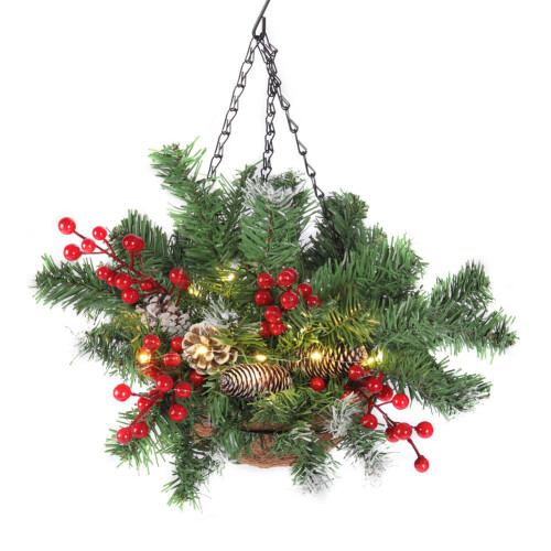 Living And Home Artificial Christmas Hanging Basket with Frosted Pine Cone 2