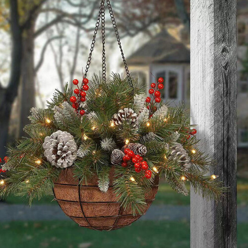 Living And Home Artificial Christmas Hanging Basket with Frosted Pine Cone