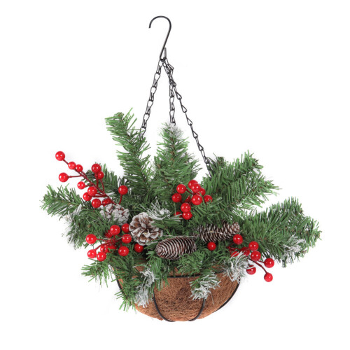 Living And Home Artificial Christmas Hanging Basket with Frosted Pine Cone 1