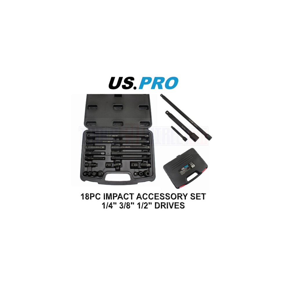 US PRO Tools 18pc Impact Accessory Set 1/4" 3/8" 1/2" Drives UJ Step Up/Down 3685