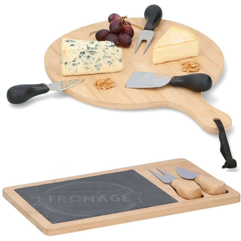 Bamboo Wooden Cheese Board Set Fork Knives Kitchen Slate Christmas Present Gift