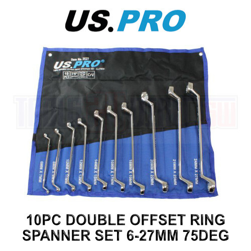 US PRO Tools 10 Piece Double Offset Ring Spanner Set 6 - 27mm 75DEG Non-slip 3527