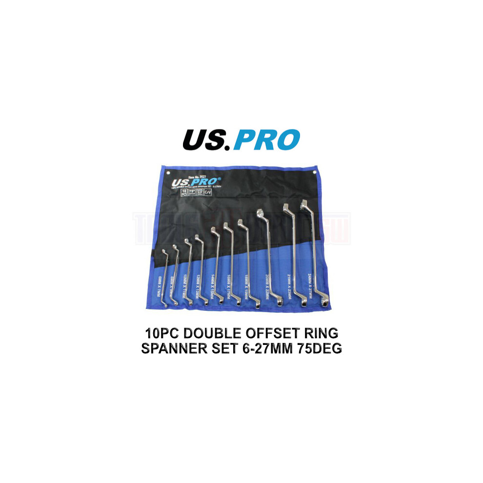 US PRO Tools 10 Piece Double Offset Ring Spanner Set 6 - 27mm 75DEG Non-slip 3527