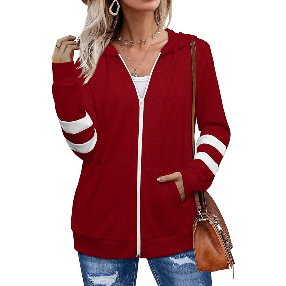 (Wine Red, M) Women Zip Up Hoodie Long Sleeve Sweatshirt Hooded Loose Jacket With Pocket