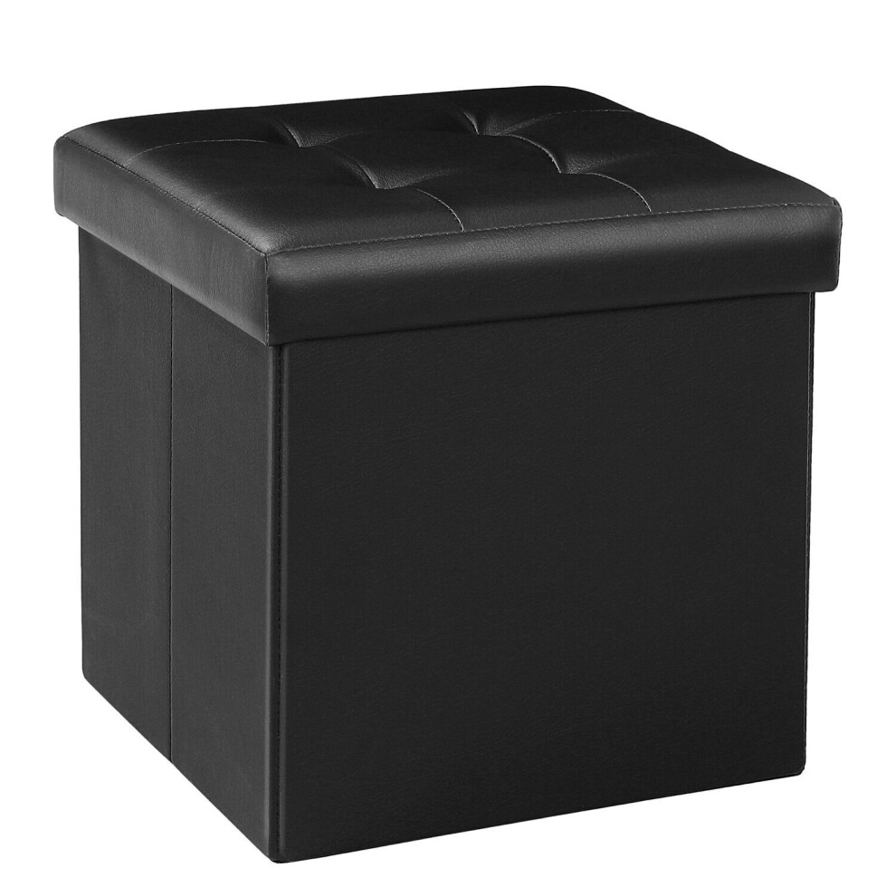 (BLACK OTTOMAN) Faux Leather Folding Storage Ottoman Seat Stool