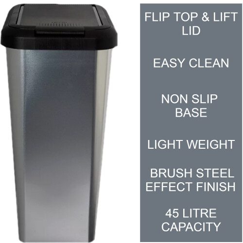 45L SILVER IML TOUCH & LIFT RECTANGLE SWING KITCHEN WASTE RUBBISH BIN 1