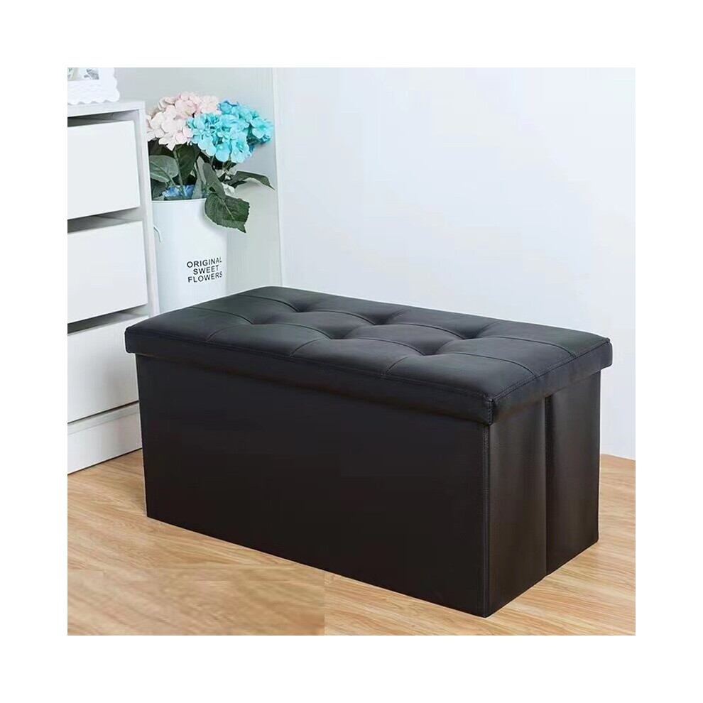 (BLACK OTTOMAN) Faux Leather Folding Storage Ottoman Seat Stool